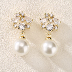 Women Cluster Cubic Zirconia Drop Earrings, Round Simulated Pearl Dangle Gold Plated Daily Ear Jewelry